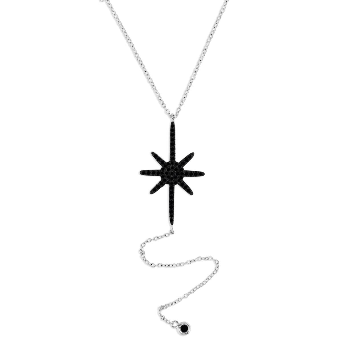 Sterling Silver Rhodium Polished Black Spinel Pave Dangling Bezel 'Y' 18+2'' Necklace