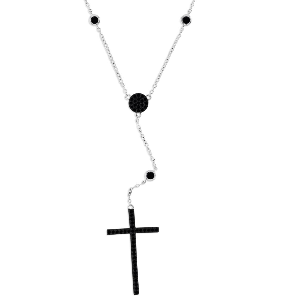 Sterling Silver Rhodium 31MM Polished Black Spinel Station Bezel Dangling Cross 'Y' 18+2'' Necklace