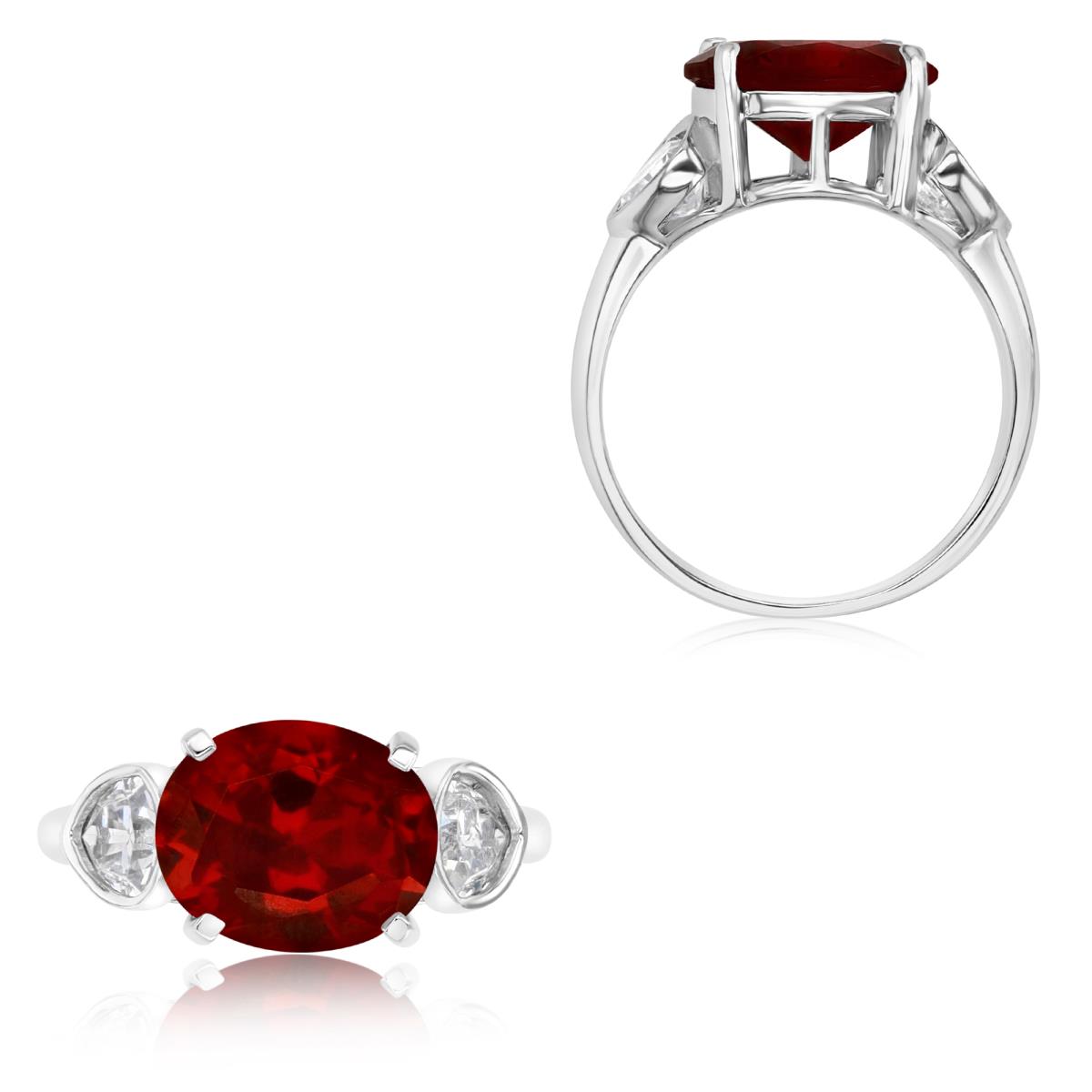 Sterling Silver Rhodium 11x9MM Polished Cr Ruby & Cr White Sapphire Cocktail Ring