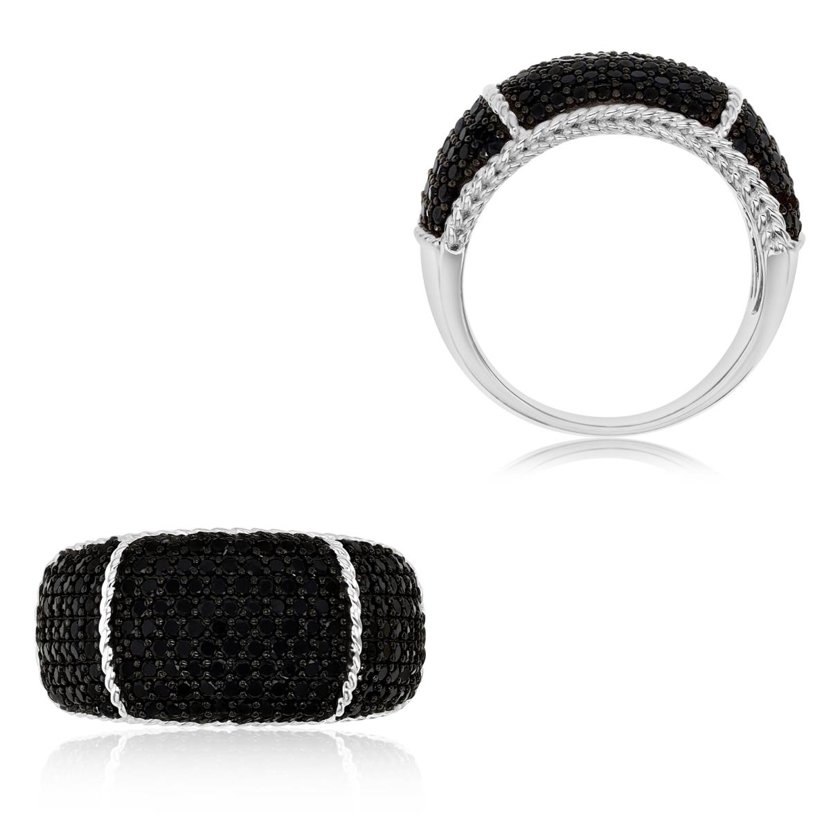 Sterling Silver Rhodium 15MM Polished Black Spinel  Pave Dome Ring