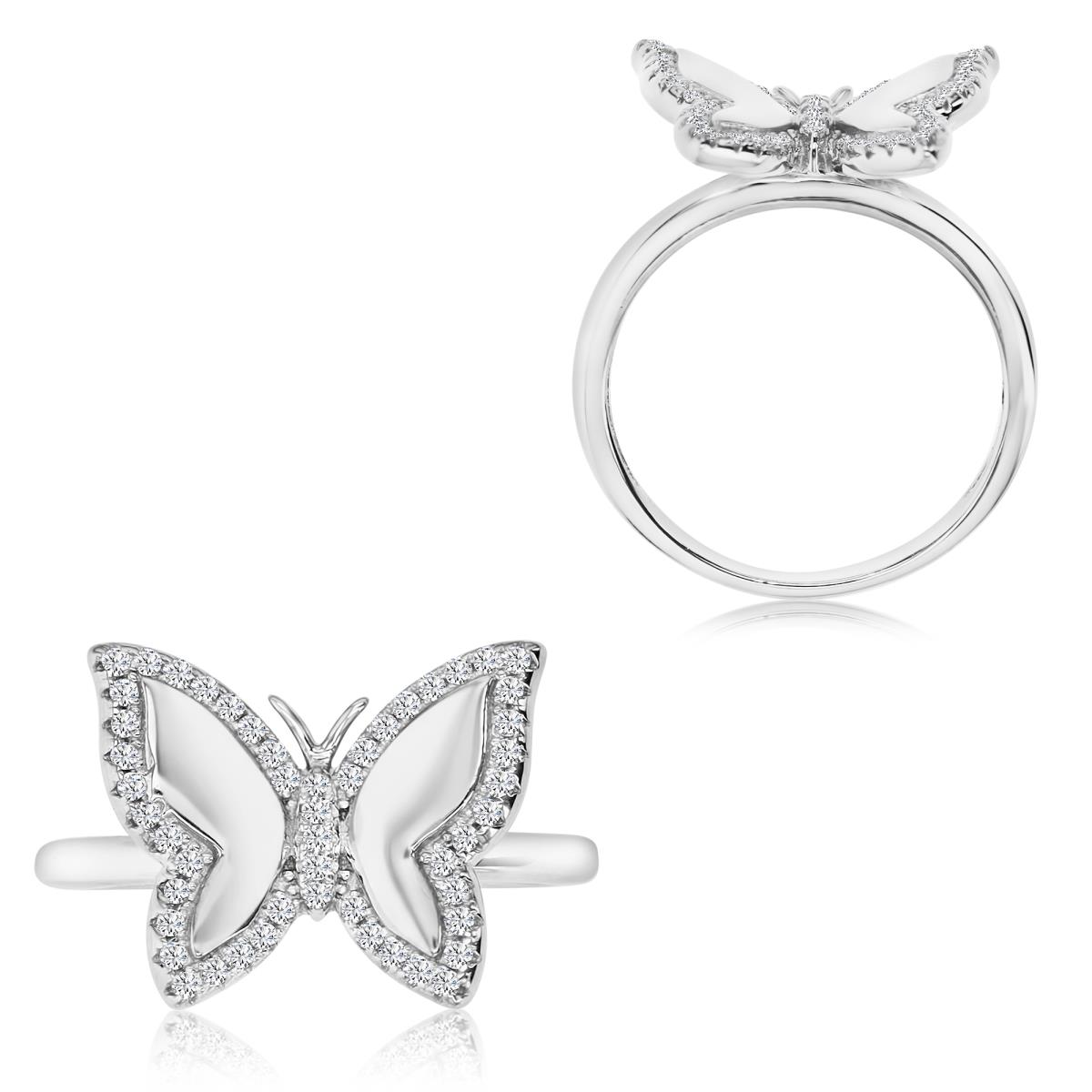 Sterling Silver Rhodium 1MM White CZ Polished Butterfly Ring