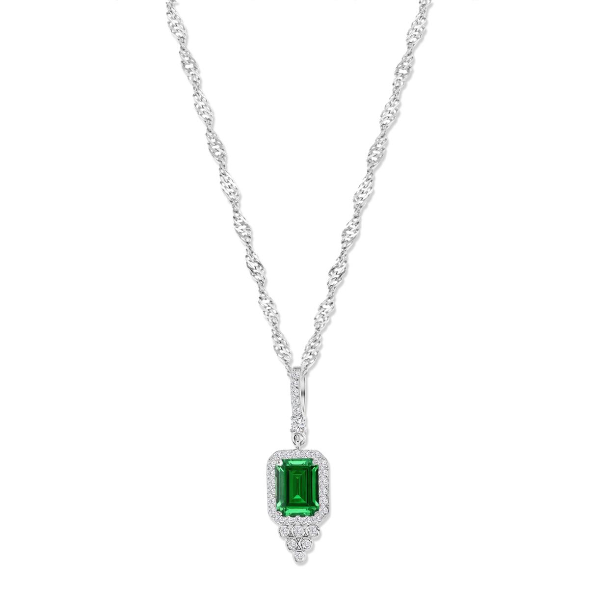 Sterling Silver Rhodium 16X9MM Polished Green & White CZ Emerald Cut Halo Bezel Dangling 18+2'' Singapore Necklace