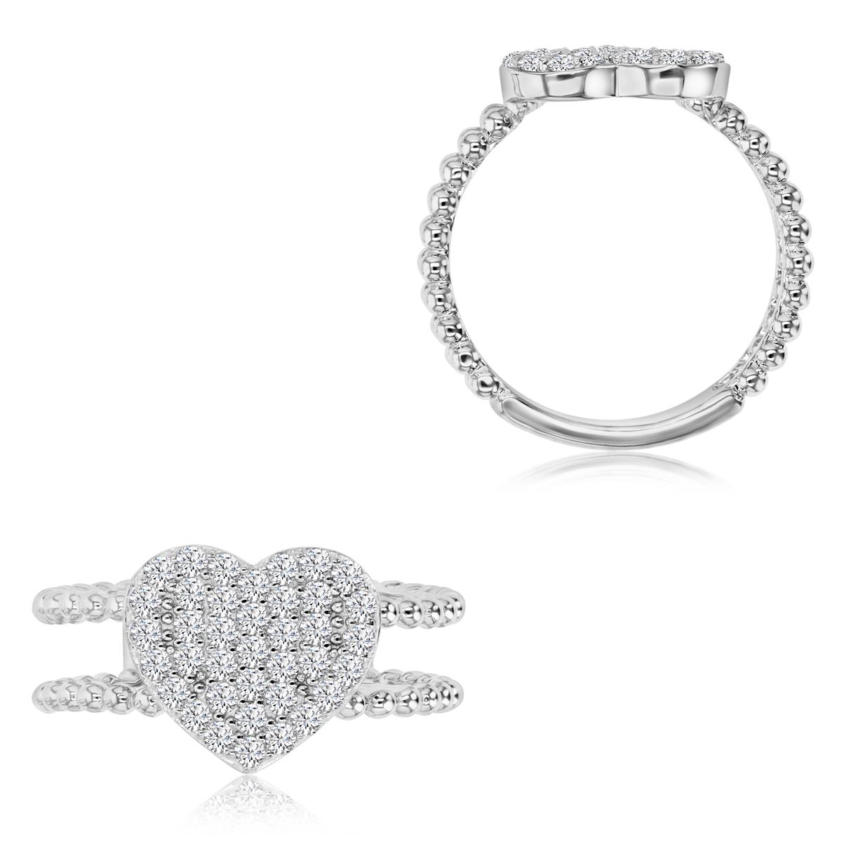 Sterling Silver Rhodium 1.5MM Polished White CZ Pave Heart Beaded Double Ring