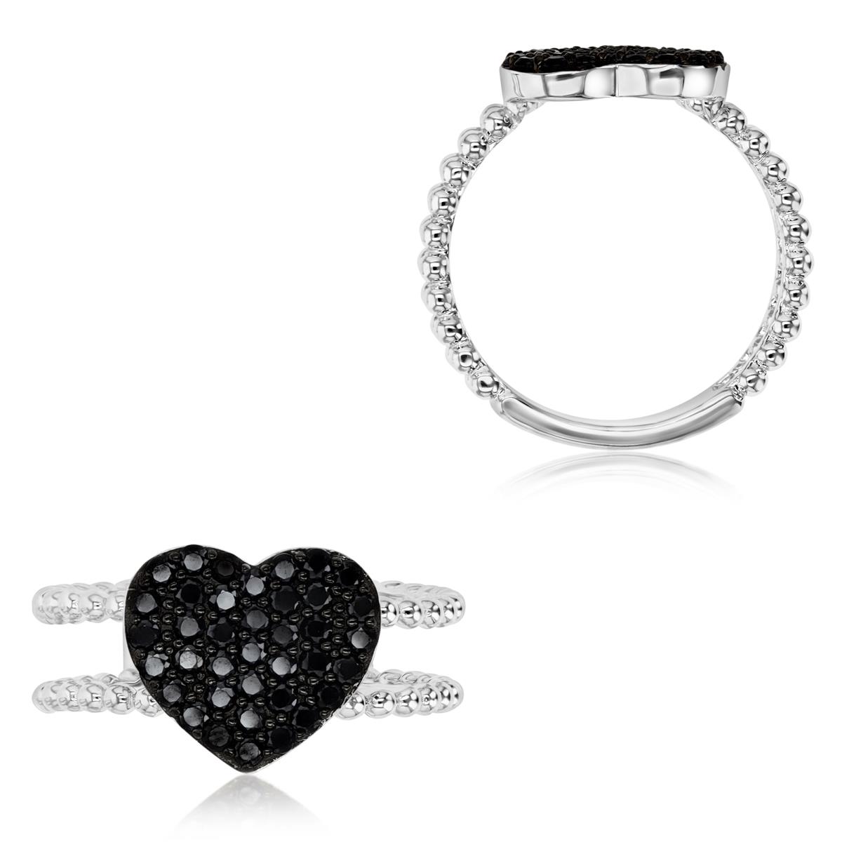 Sterling Silver Rhodium 1.5MM Polished Black Spinel Pave Heart Beaded Double Ring