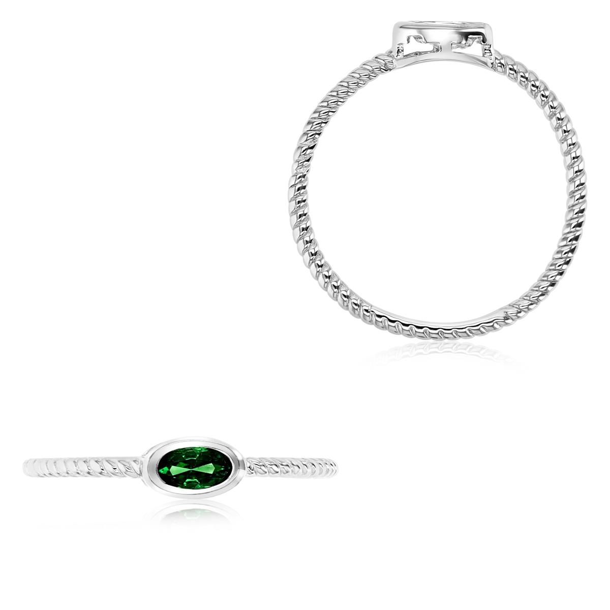 Sterling Silver Rhodium 5X3MM Polished Green CZ Oval Bezel Twisted  Ring