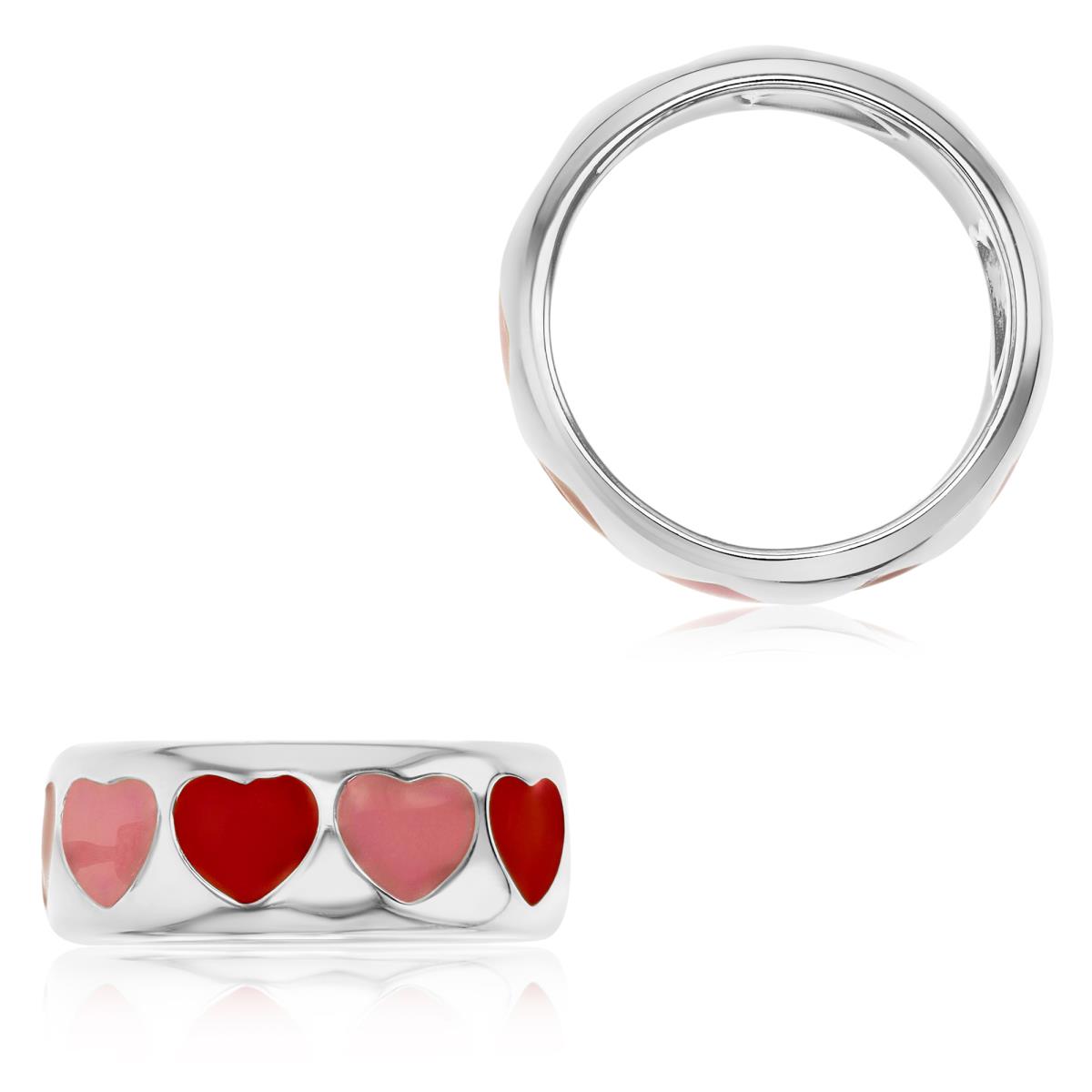 Sterling Silver Rhodium 8MM Polished Enamel Hearts Ring