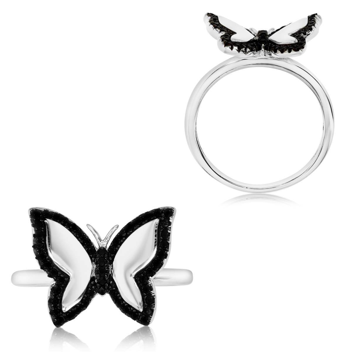 Sterling Silver Rhodium 1MM Black Spinel Polished Butterfly Ring