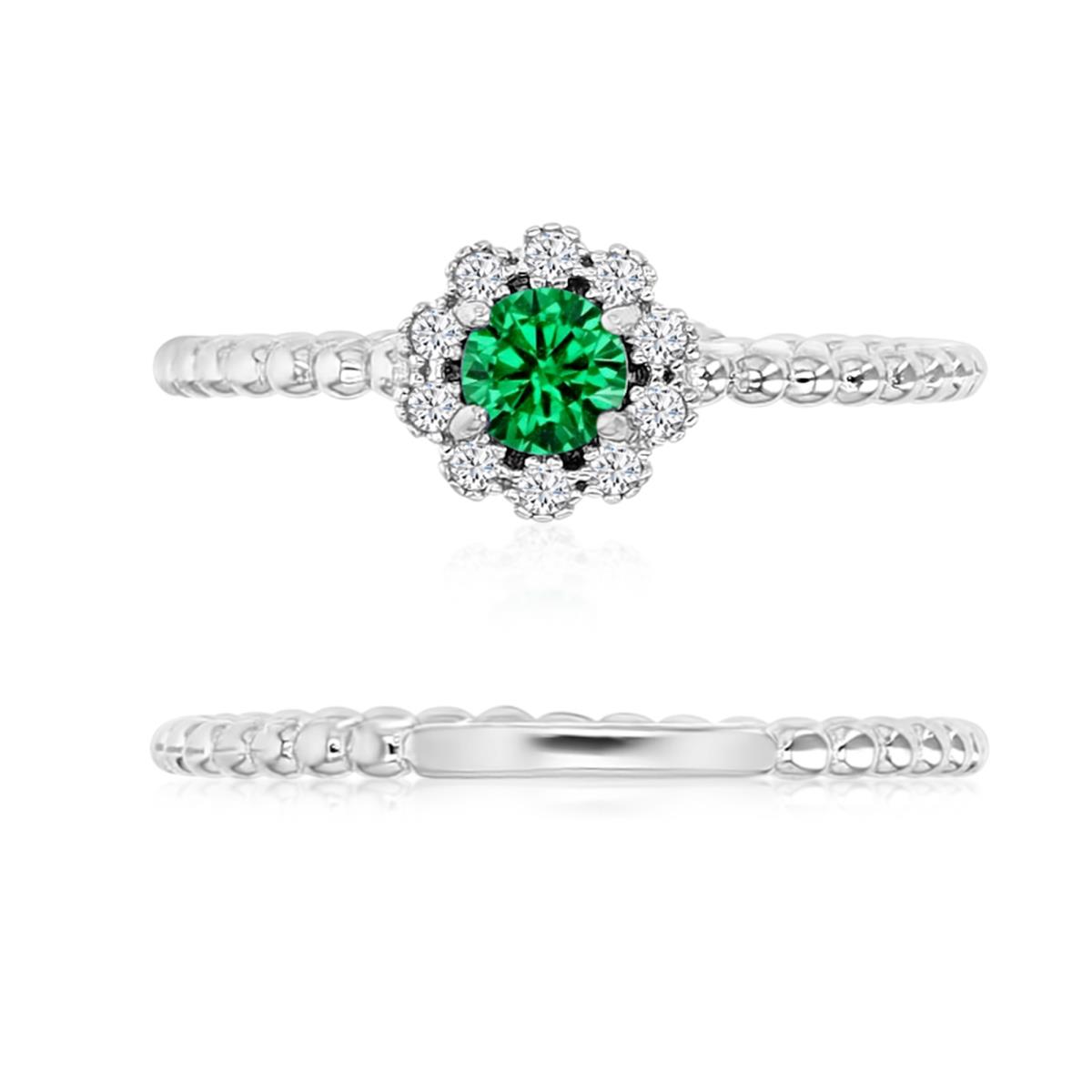 Sterling Silver Rhodium 7MM  Polished Green & White CZ Beaded Flower Double Ring