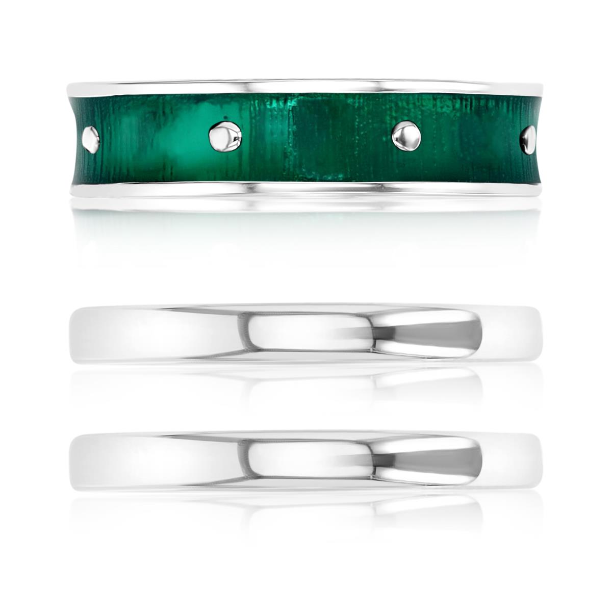Sterling Silver Rhodium Polished Green Enamel Trio Ring