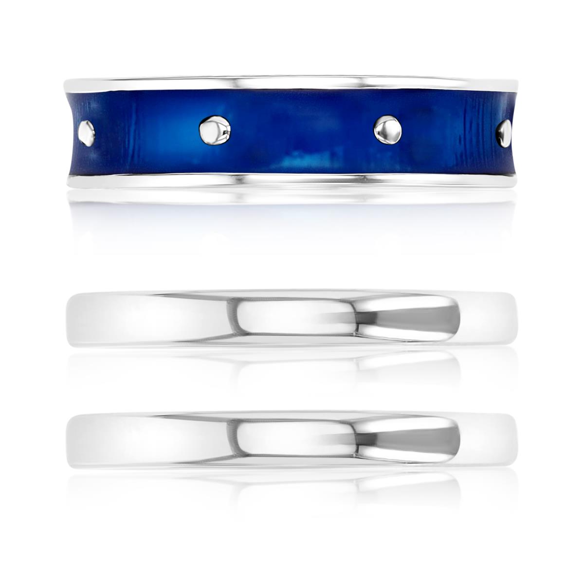 Sterling Silver Rhodium Polished Blue Enamel Trio Ring