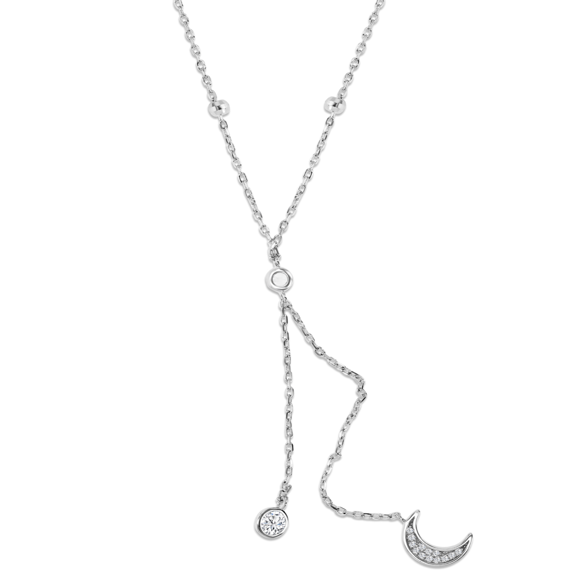 Brass Rhodium 12MM Polished White CZ Station Bezel Dangling Moon 'Y' 18+2'' Necklace