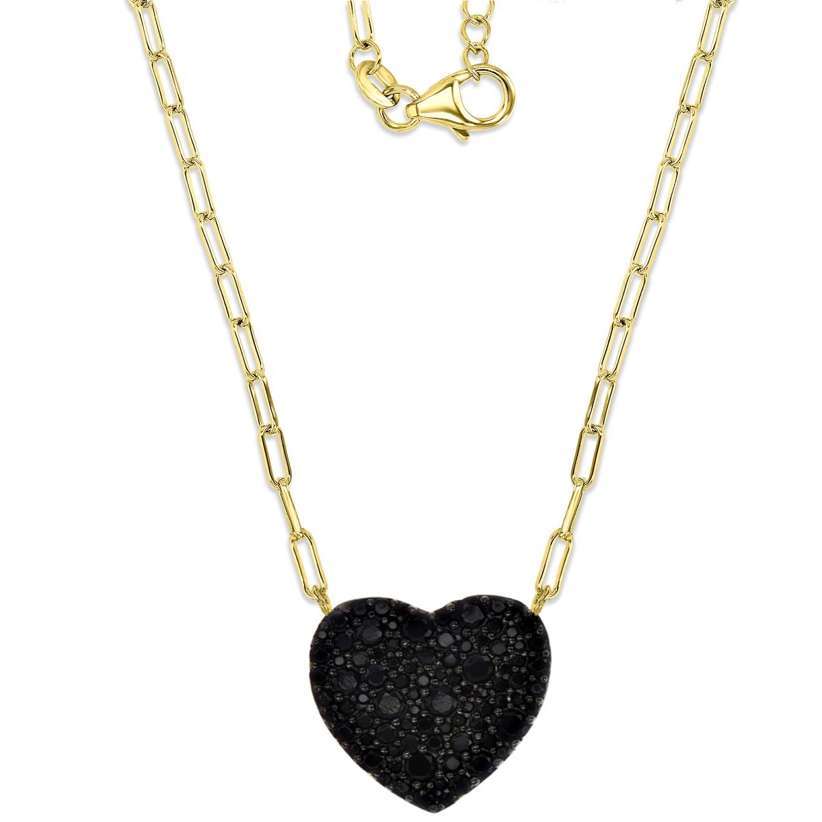 Brass Yellow & Black CZ Heart Paperclip Chain 18+2" Necklace