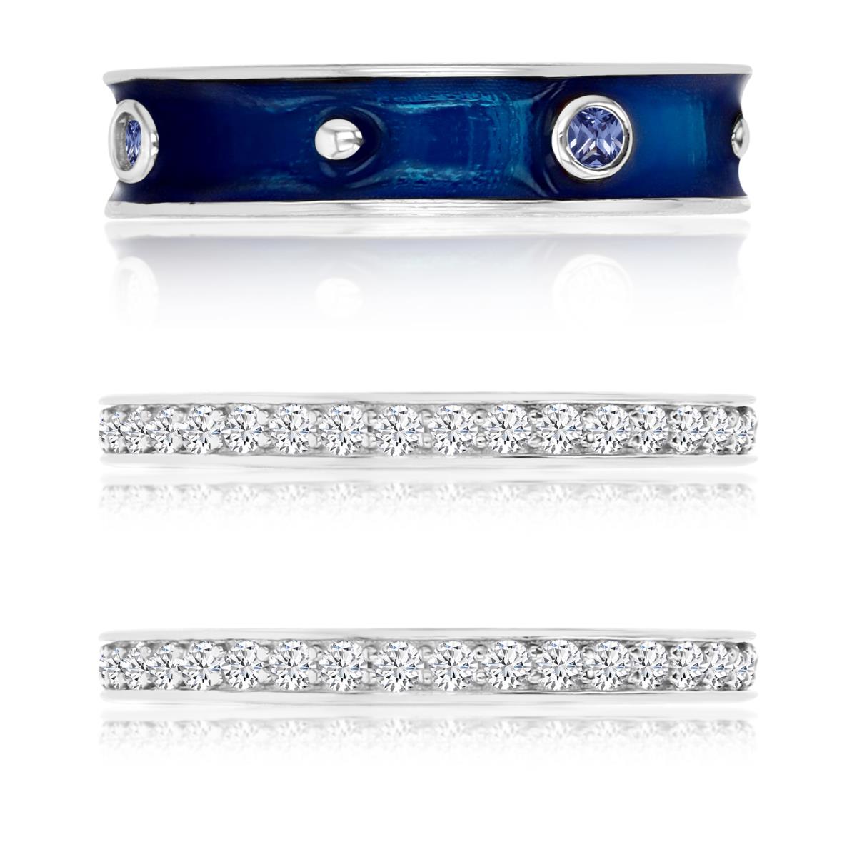 Sterling Silver Rhodium 6MM Polished White CZ & Blue Enamel Eternity Trio Ring