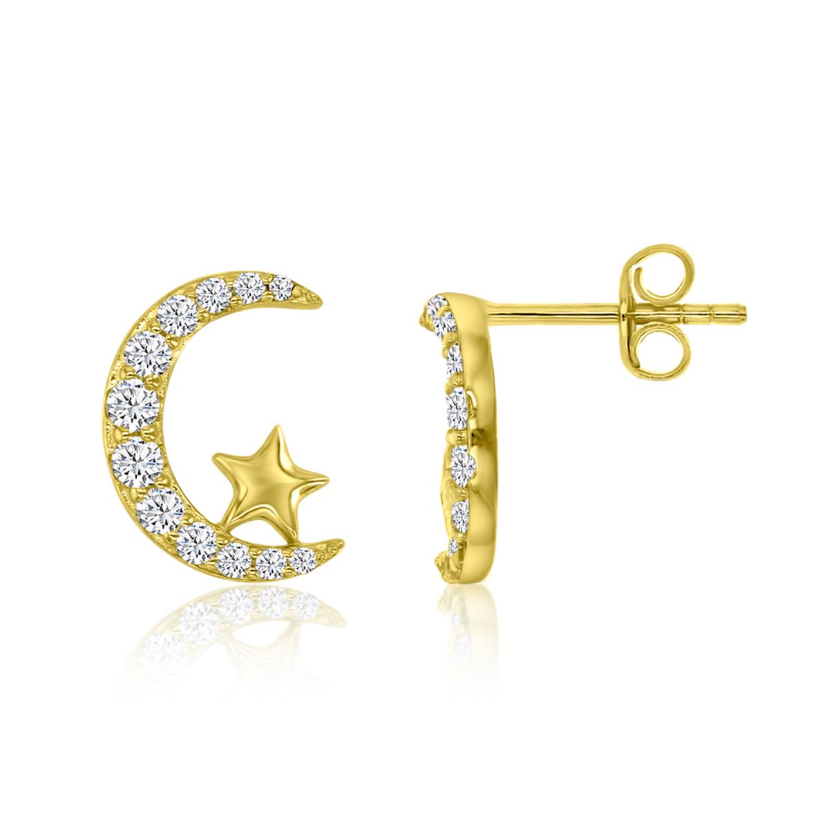 Sterling Silver Yellow 12X9MM Polished White CZ Moon & Star Stud Earring