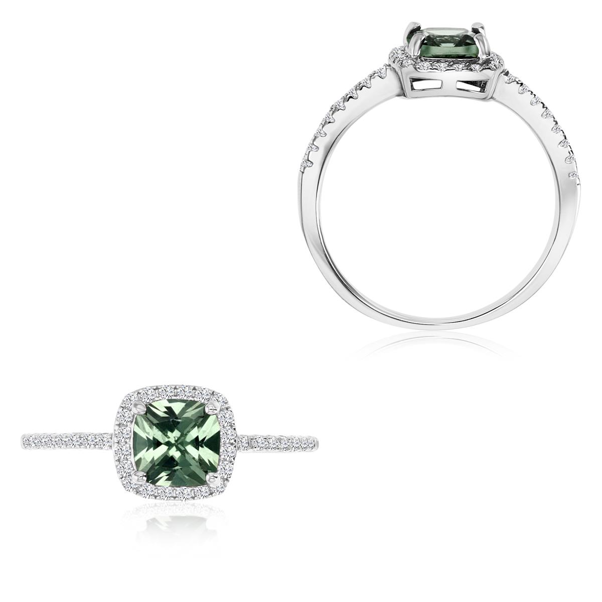 Sterling Silver Rhodium 6MM Polished Cr Green Spinel & Cr White Sapphire Halo Solitaire Ring