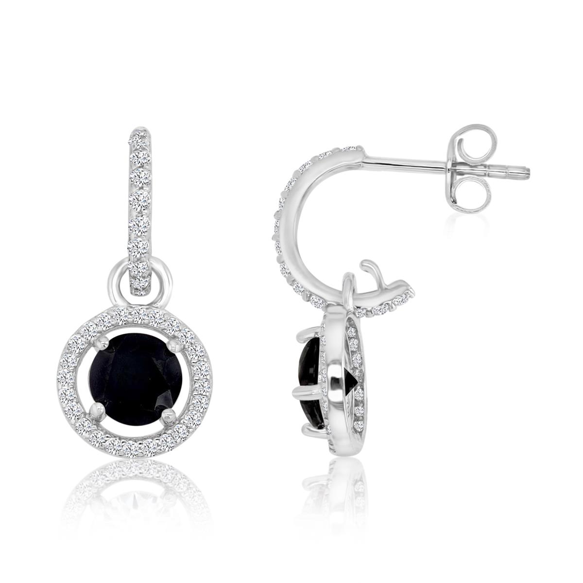 Sterling Silver Rhodium 20X10MM Polished Black Spinel & CR White Sapphire Dangling Halo Earrings