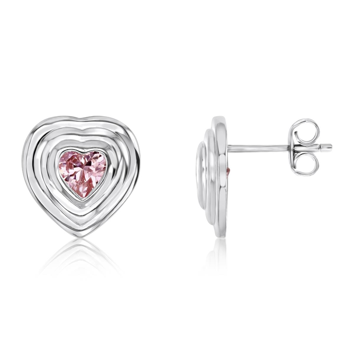 Sterling Silver Rhodium Polished Pink CZ Heart Stud Earring