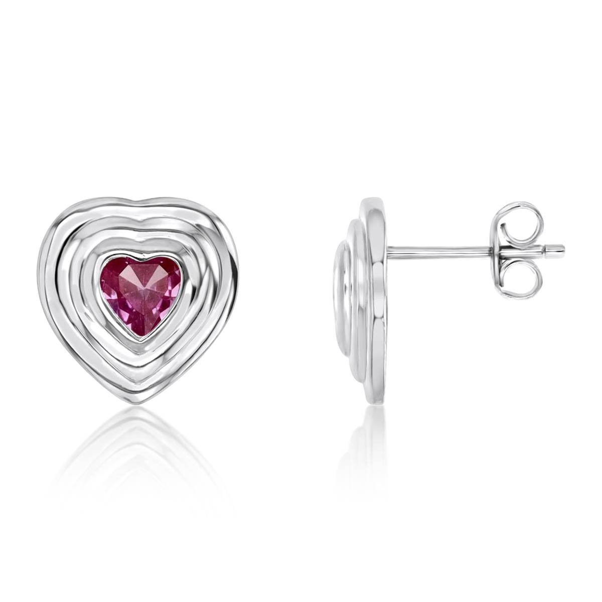 Sterling Silver Rhodium Polished Cr Ruby Heart Stud Earring
