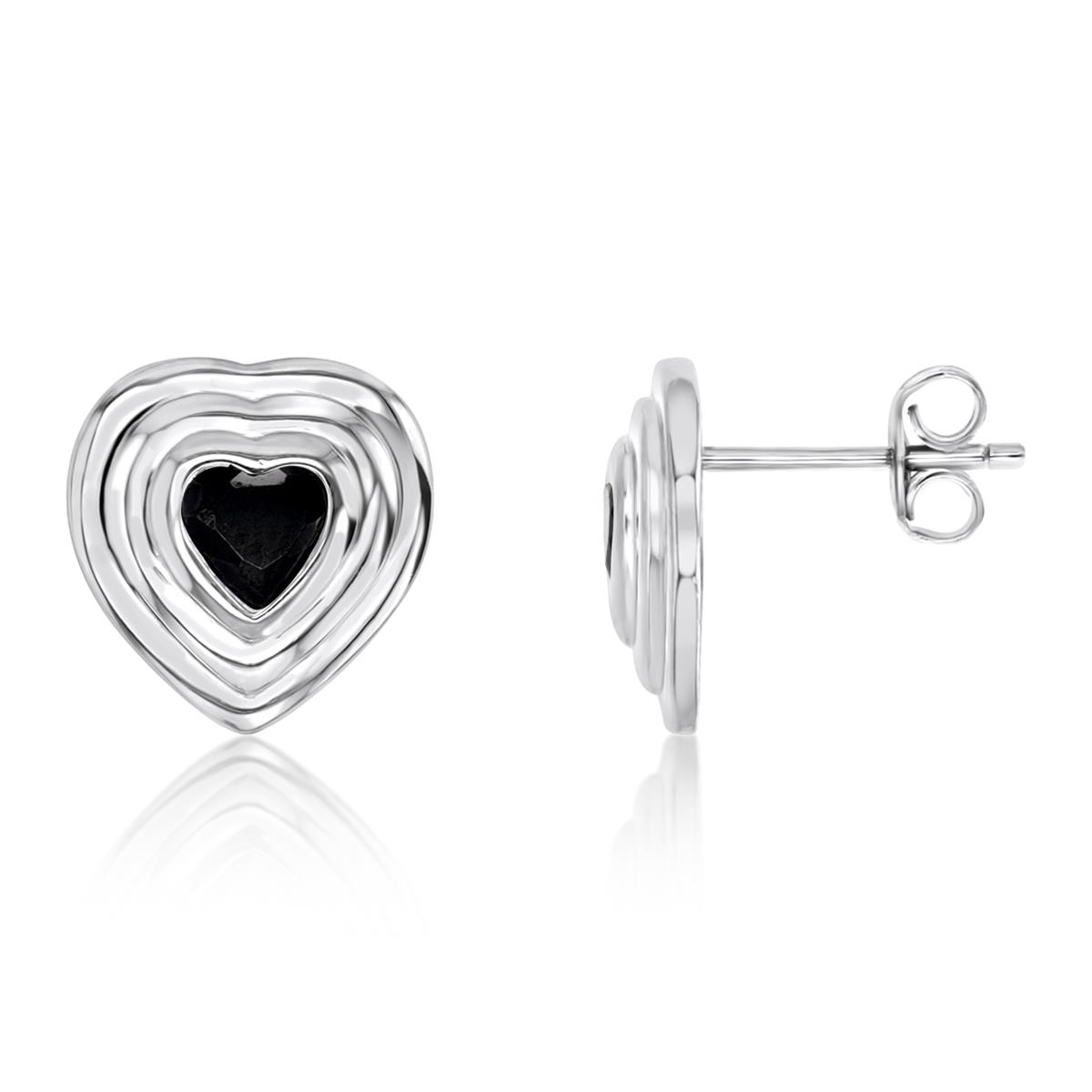 Sterling Silver Rhodium Polished Black Spinel Heart Stud Earring