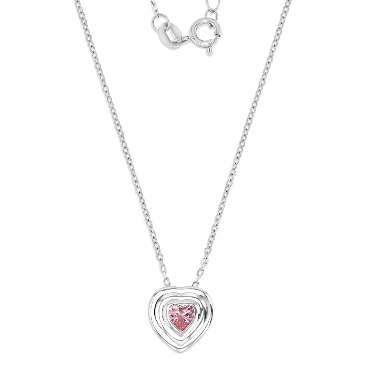 Sterling Silver Rhodium Polished Pink CZ  Bezel Heart Dangling 18'' Necklace