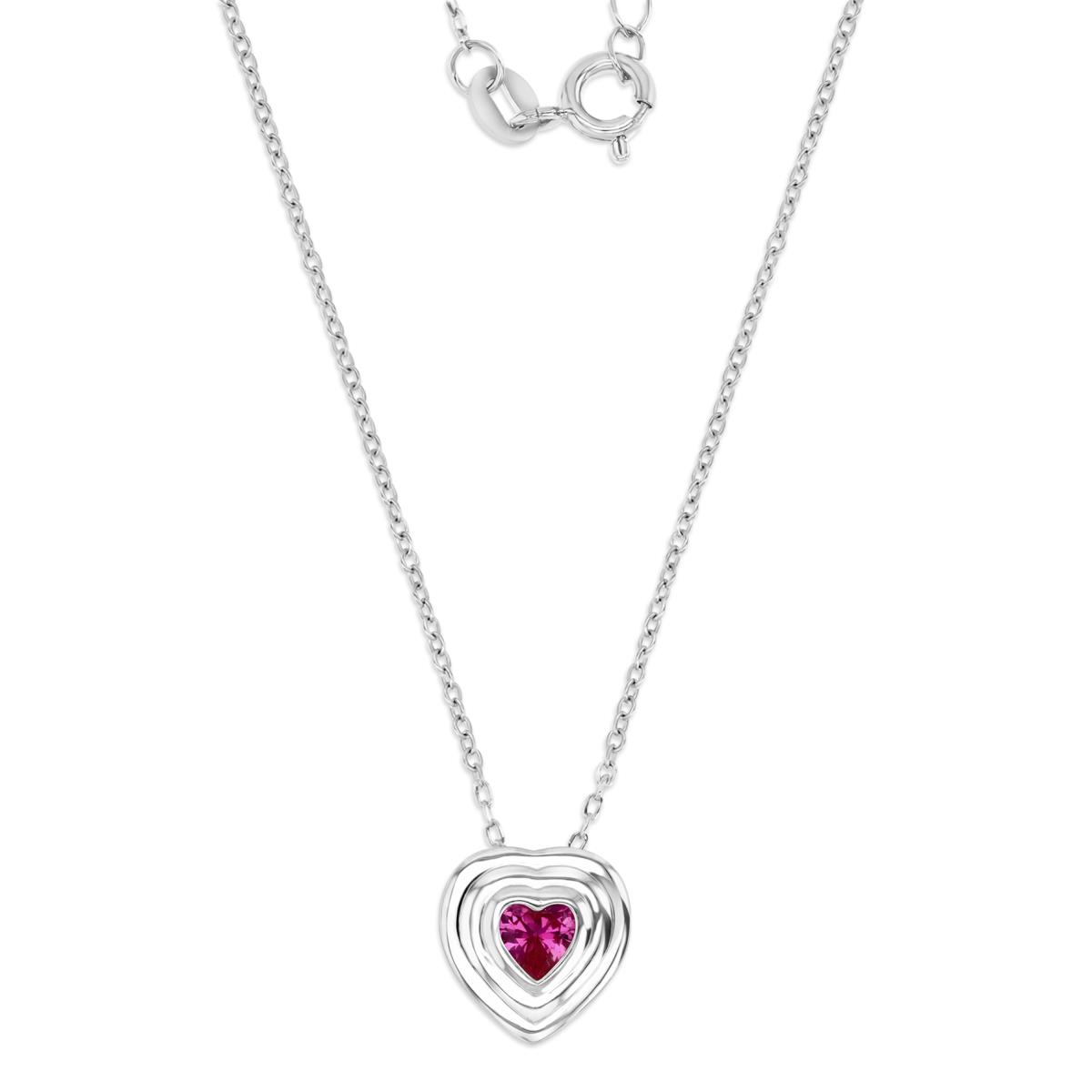 Sterling Silver Rhodium Polished Cr Ruby  Bezel Heart Dangling 18'' Necklace