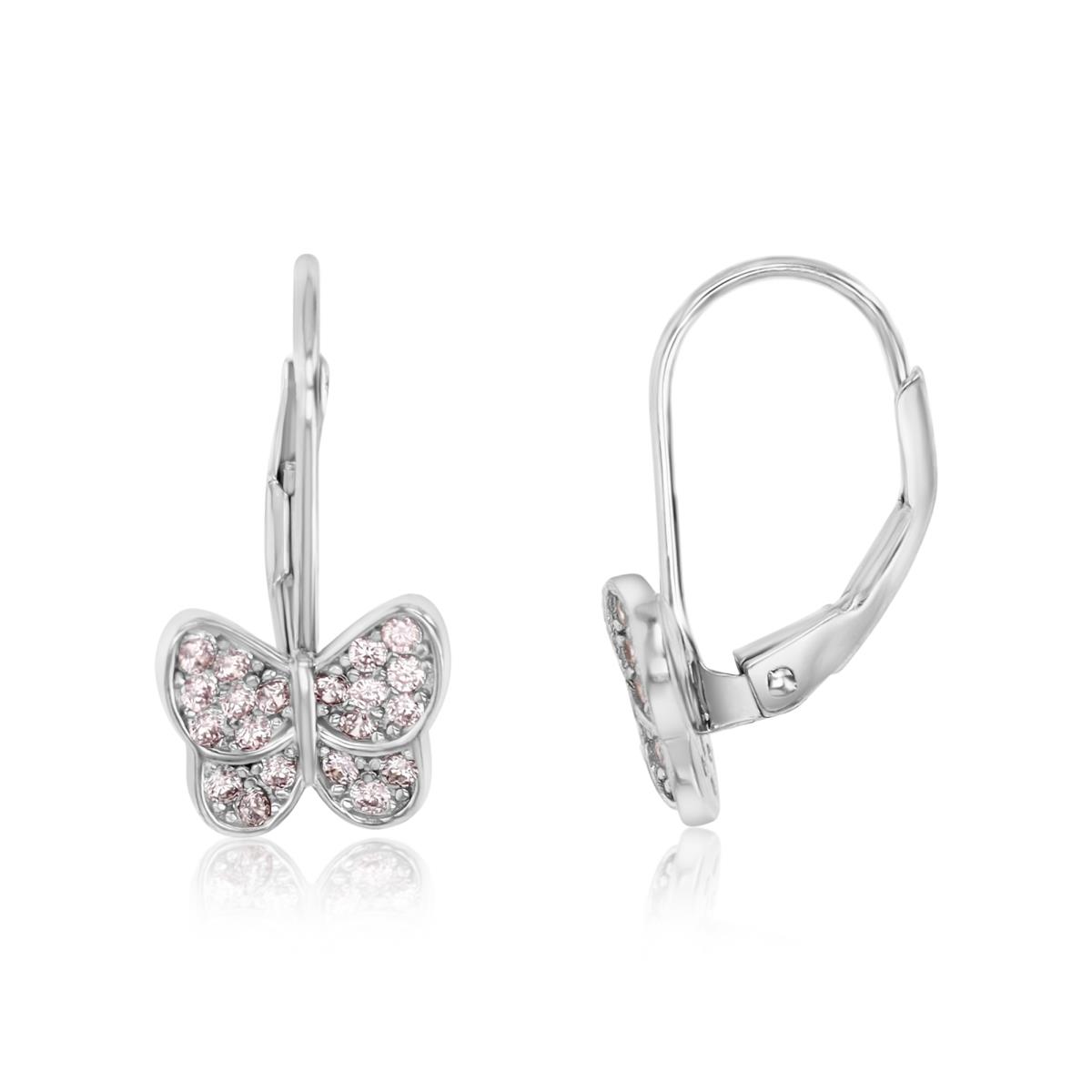 Sterling Silver Rhodium 18X9MM Polished Pink CZ Butterfly Dangling Earrings