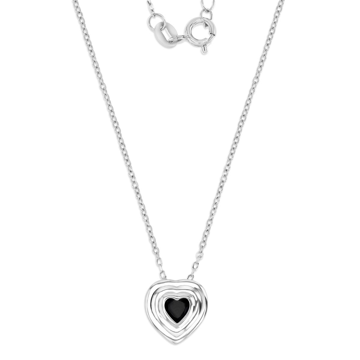 Sterling Silver Rhodium Polished Black Spinel Bezel Heart Dangling 18'' Necklace