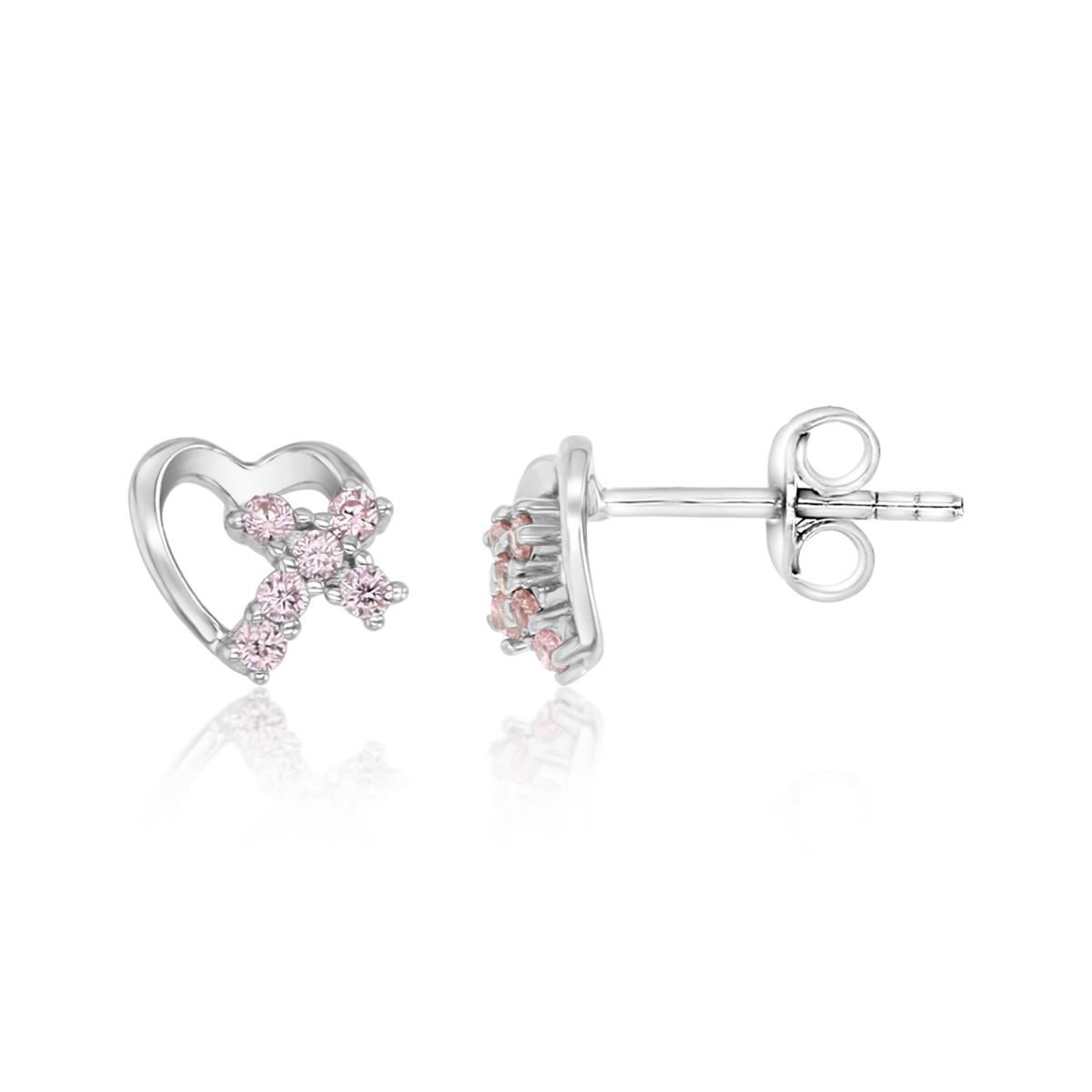 Sterling Silver Rhodium 7MM Polished Pink CZ Heart & Cross Stud Earrings