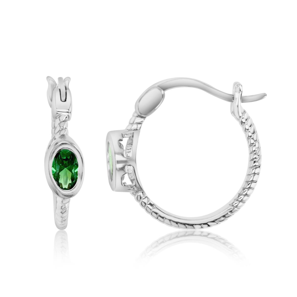 Sterling Silver Rhodium Polished Green CZ Bezel Twisted Hoop Earring