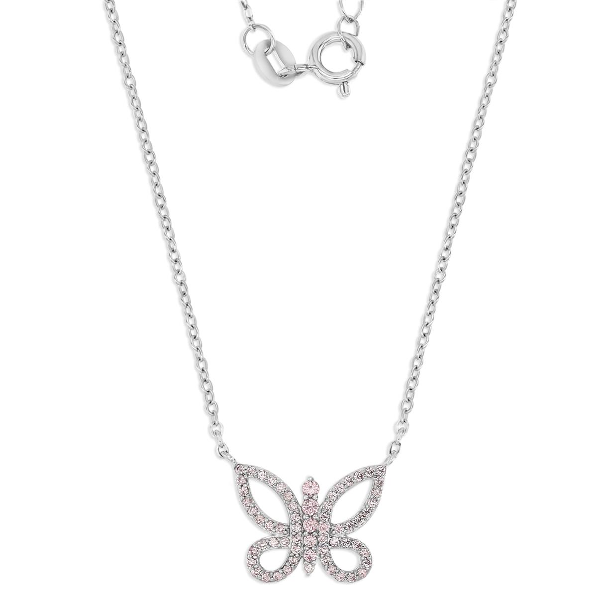 Sterling Silver Rhodium Polished Pink CZ Cut Out Butterfly 13+2'' Necklace