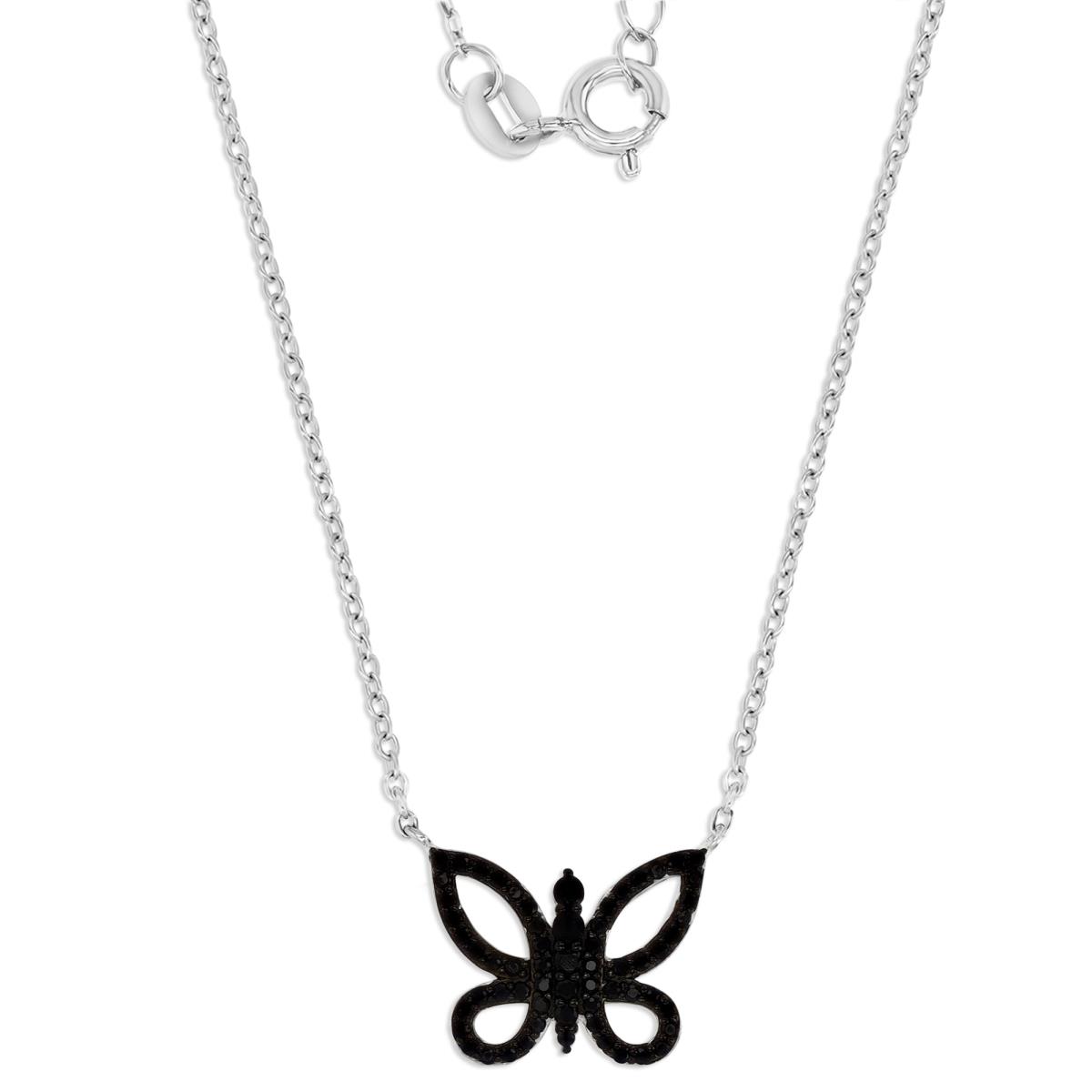 Sterling Silver Rhodium Polished Black Spinel Cut Out Butterfly 13+2'' Necklace