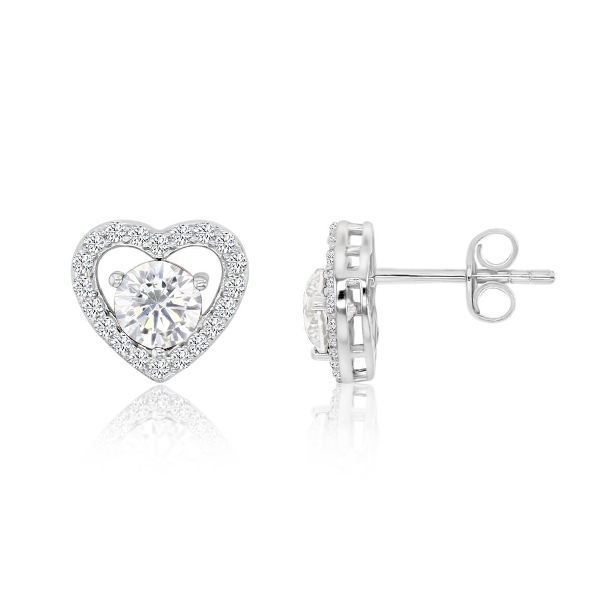 Sterling Silver Rhodium 10X9MM Polished White CZ Heart Stud Earrings