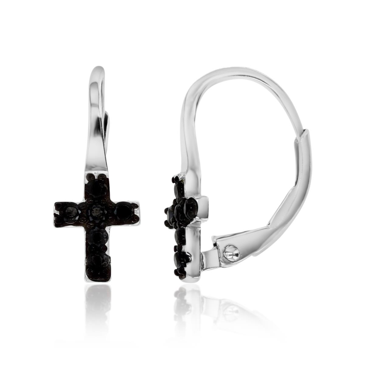 Sterling Silver Rhodium 15X6MM Polished Black CZ Cross Lever Back Earrings