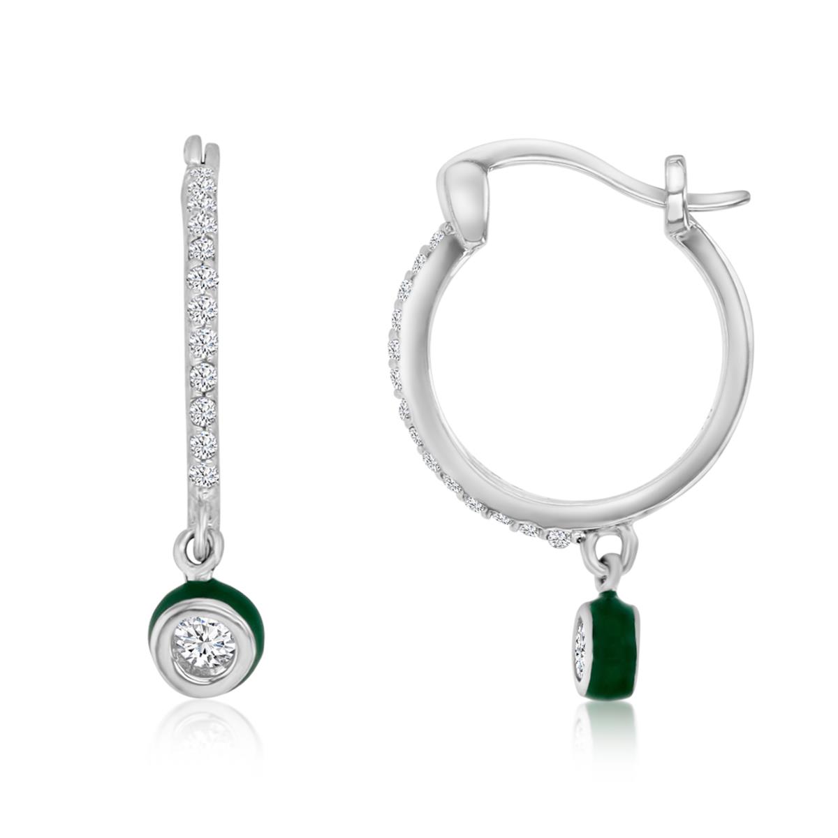 Sterling Silver Rhodium Polished White CZ & Green Enamel Dangling Earring