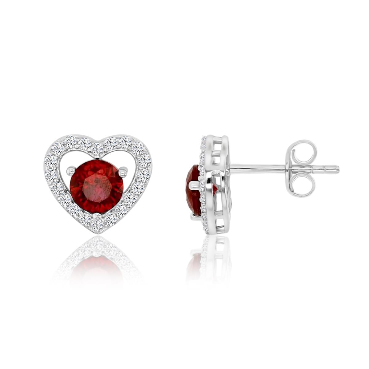 Sterling Silver Rhodium 10X9MM Polished Cr Ruby & Cr White Sapphire Heart Stud Earrings