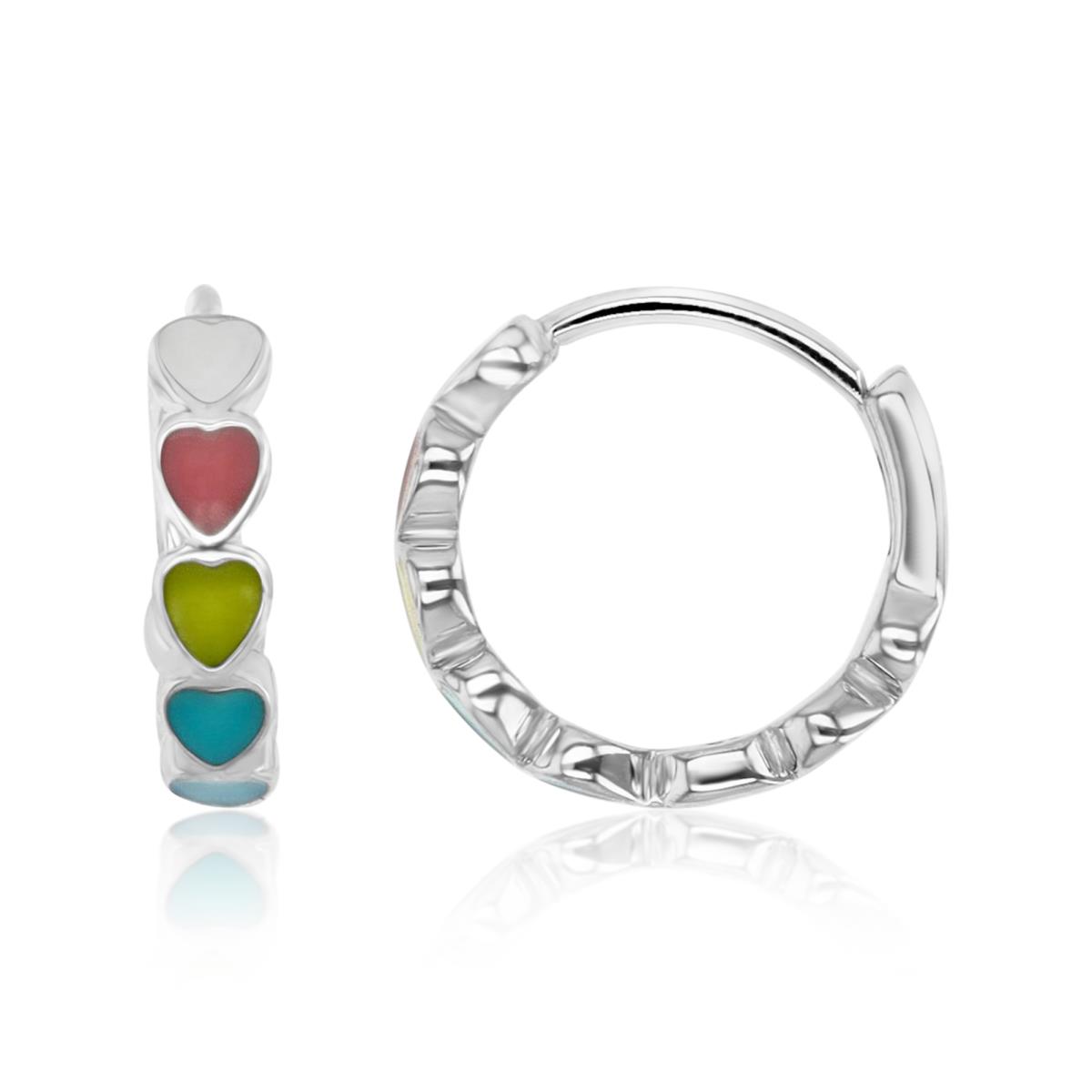 Sterling Silver Rhodium 12X3MM Polished Multi-Color Enamel Hearts Huggie Earrings