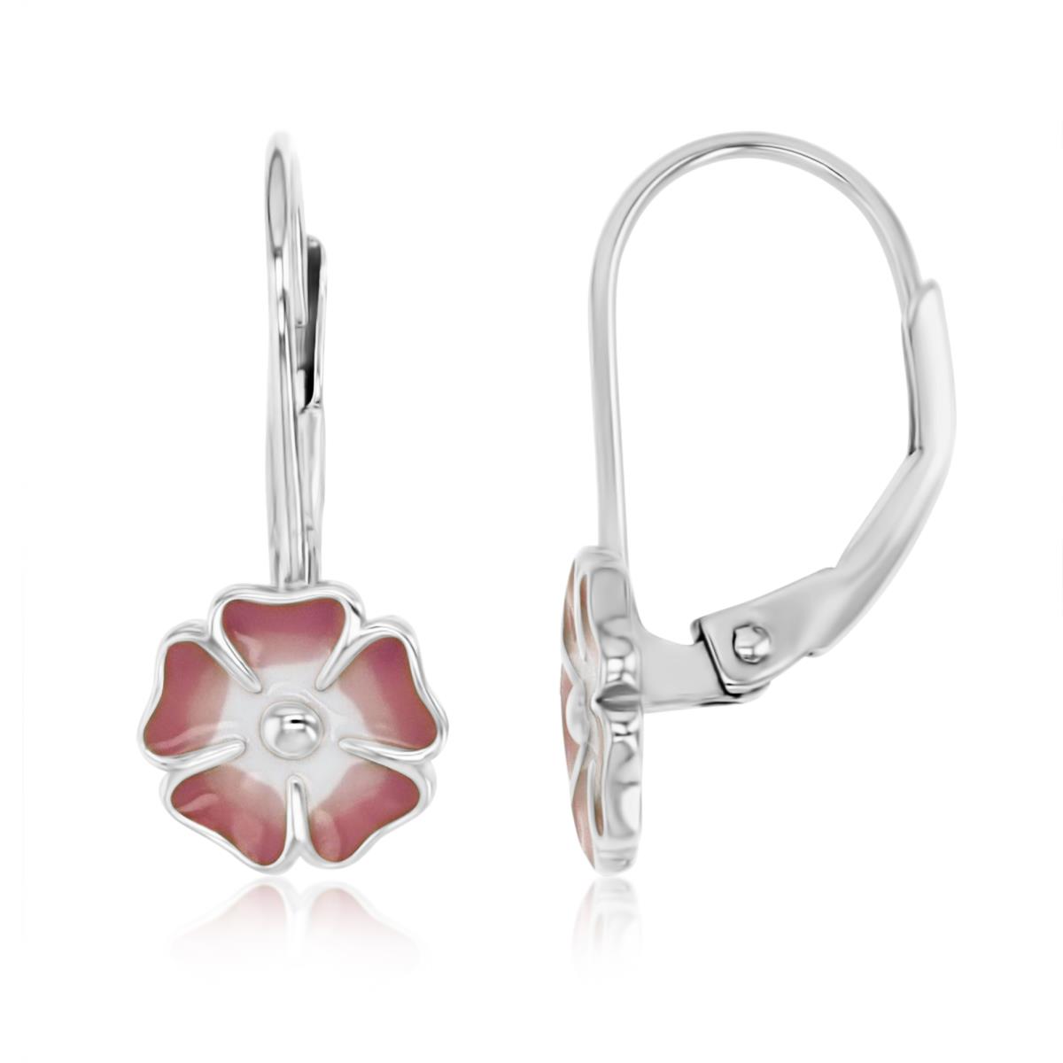 Sterling Silver Rhodium 20X8MM Pink & White Enamel Flower Lever Back Earring