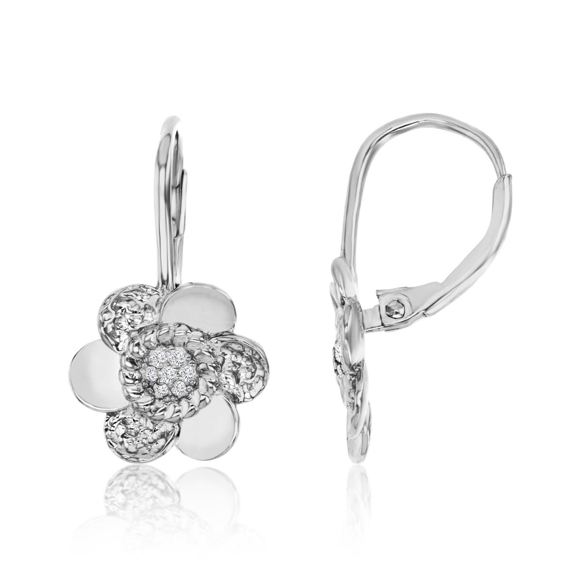 Sterling Silver Rhodium Hammered White CZ Flower Lever Back Earring