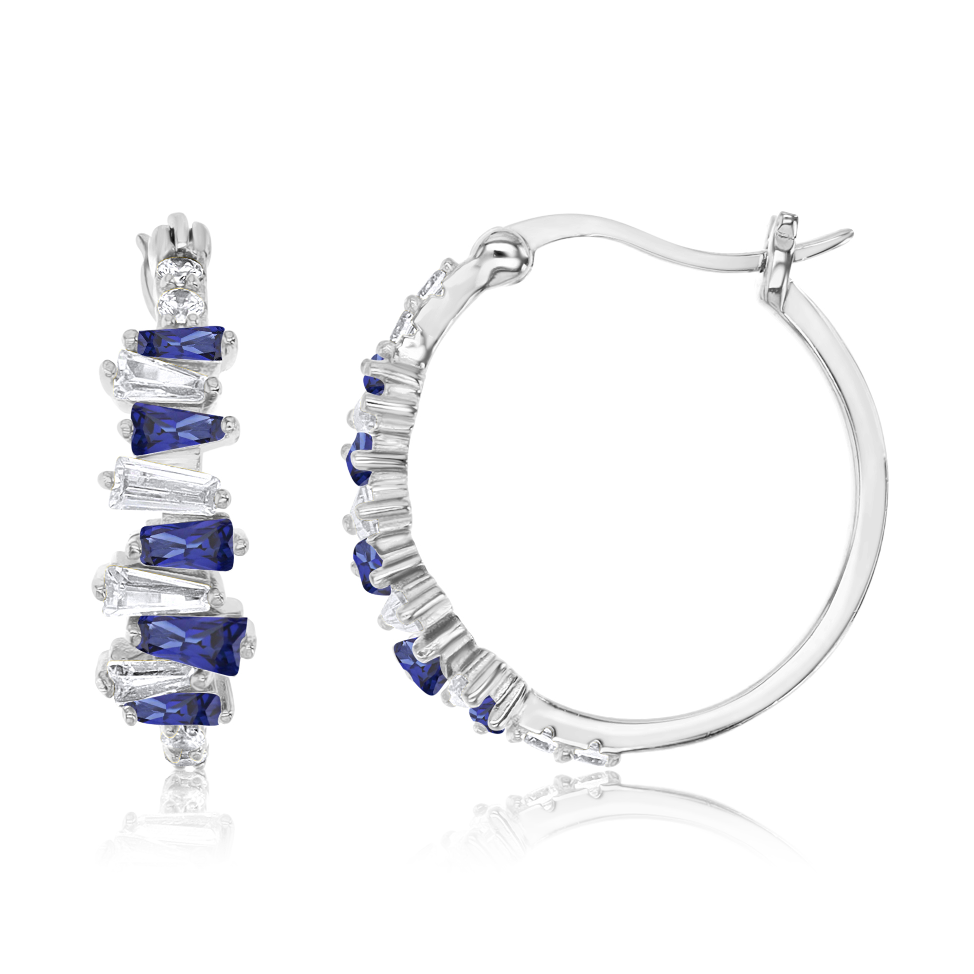 Sterling Silver Rhodium 5MM Polished CR Blue Spinel & White CZ Baguette Hoop Earring