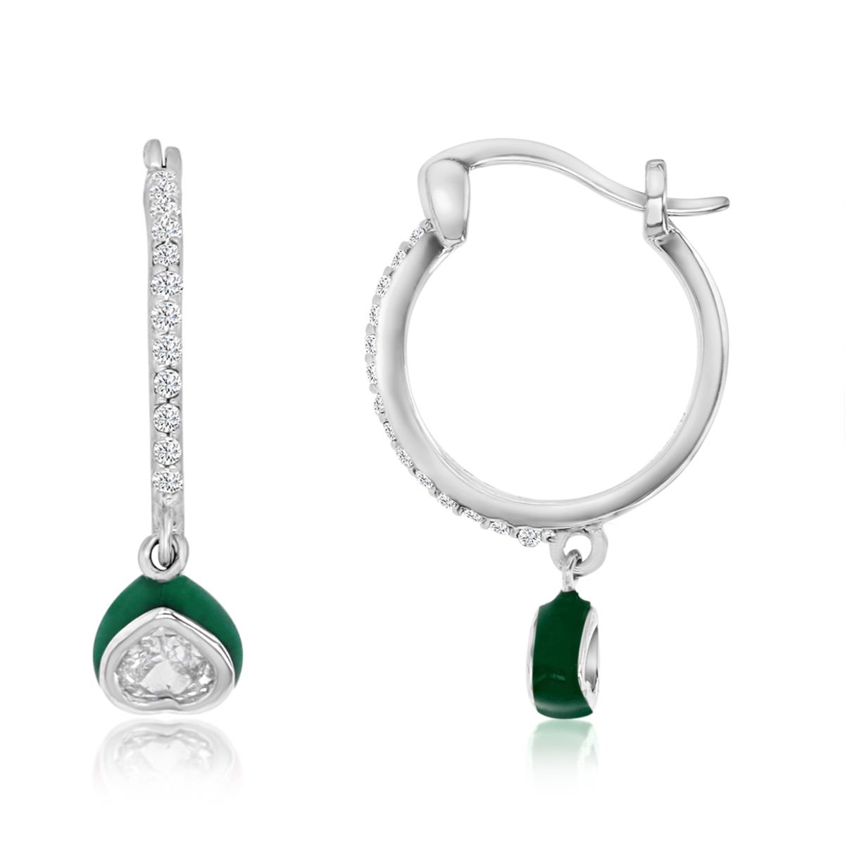 Sterling Silver Rhodium 23X4MM Polished White CZ & Green Enamel Heart Dangling Earrings
