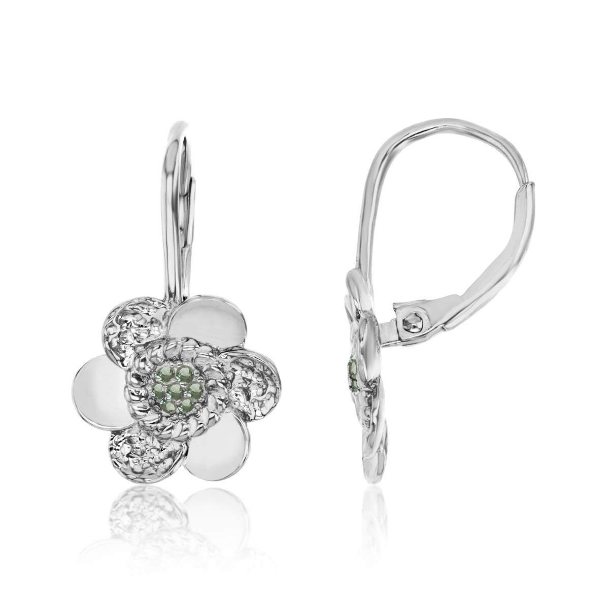 Sterling Silver Rhodium Hammered Cr Green Spinel Flower Lever Back Earring