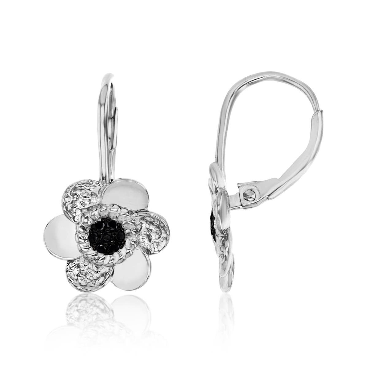 Sterling Silver Rhodium Hammered Black Spinel Flower Lever Back Earring