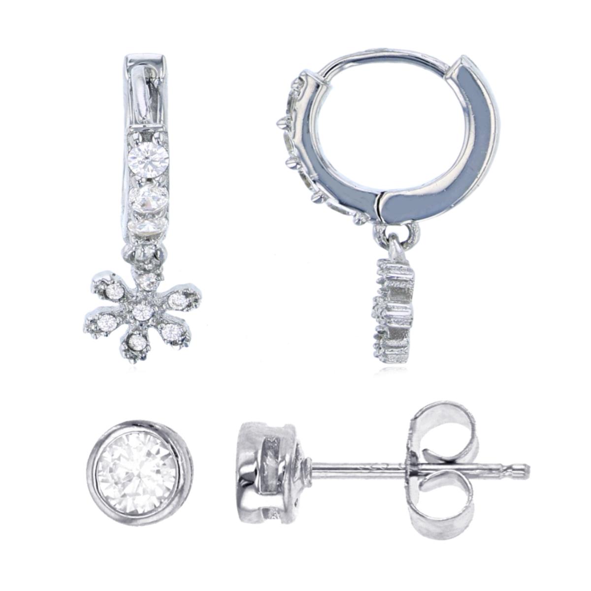 Sterling Silver Rhodium 18.00MM;3.00MM White CZ Bezel Stud & Dangling Flower Earring Set