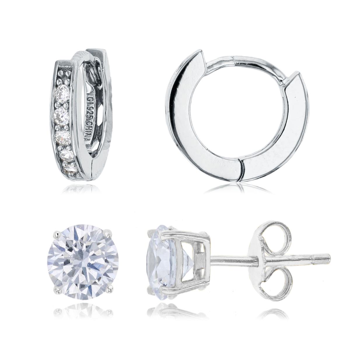 Sterling Silver Rhodium 12X2MM;6MM White Cz Huggie & Rnd Solitaire Earring Set