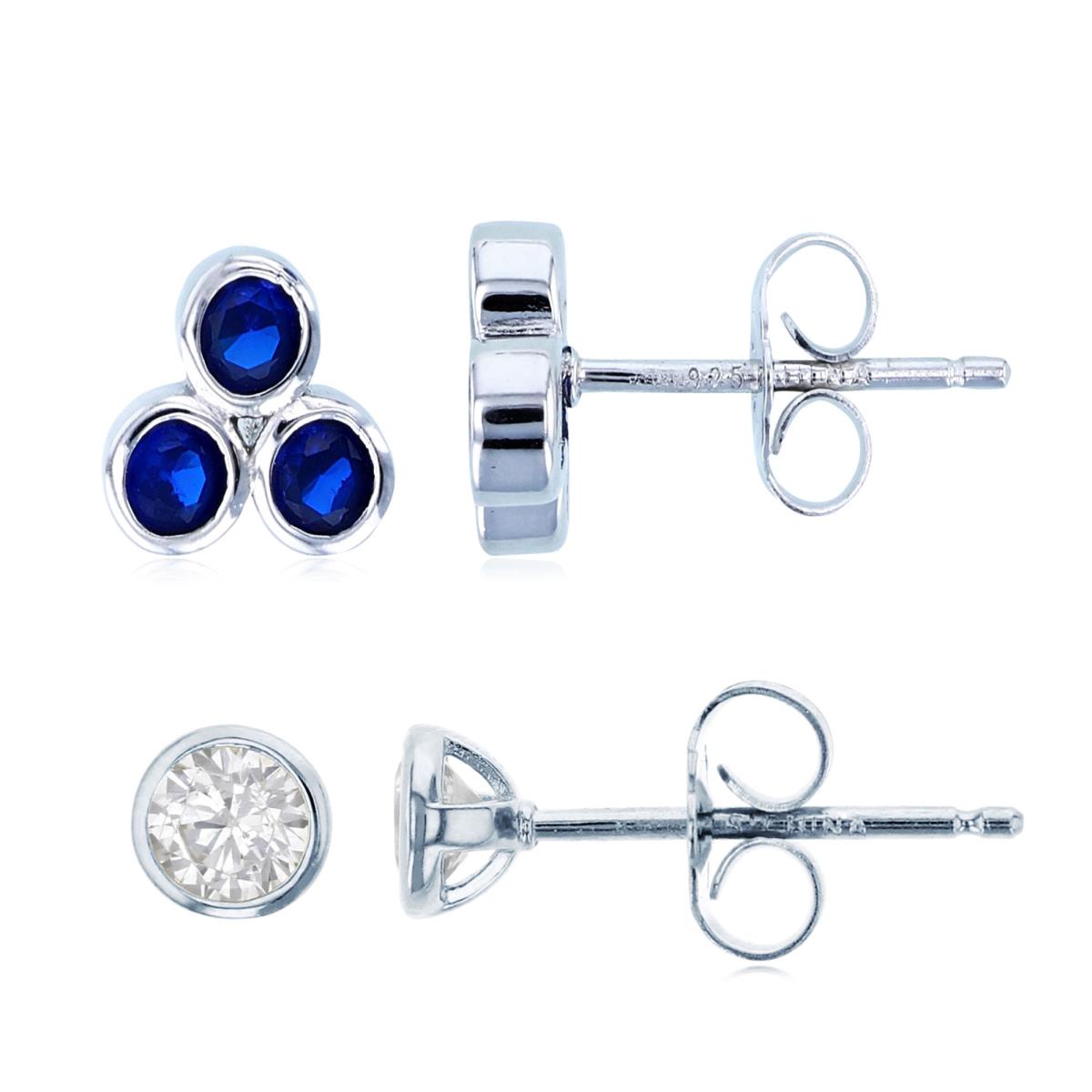 Sterling Silver Rhodium 7X8;4X4 Cr Spinel & White Cz Bezel Stud Earring Set
