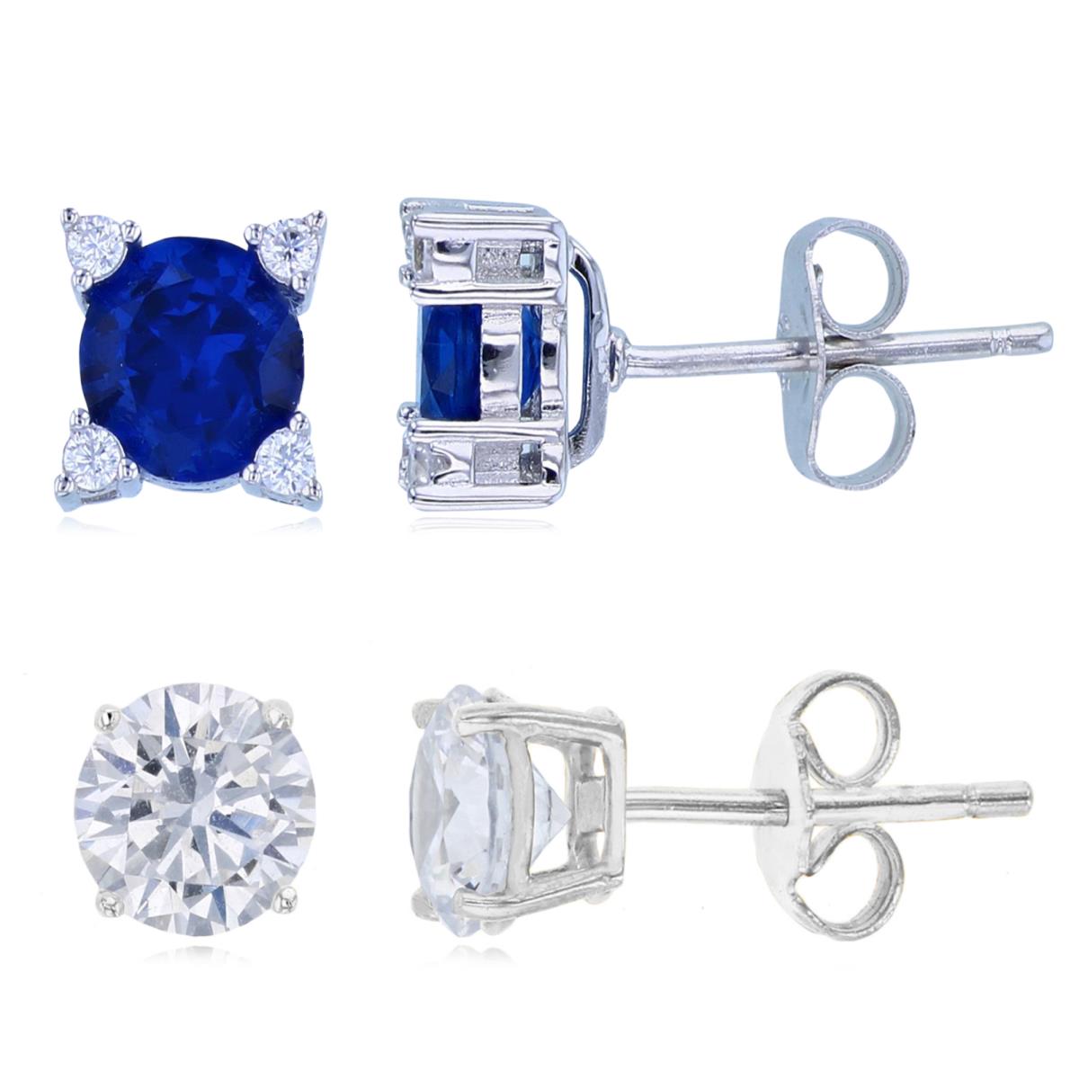 Sterling Silver Rhodium 7MM;6MM Cr Blue Spinel & White Cz Stud Earring Set