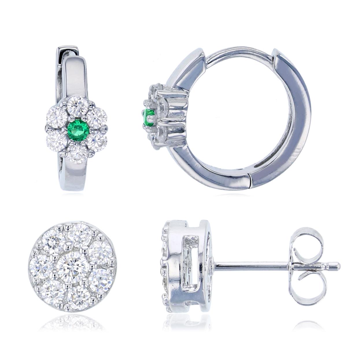 Sterling Silver Rhodium 13X6;8X8MM Green & White Cz Micropave Huggie & Rnd Pave Cluster Stud Earring Set