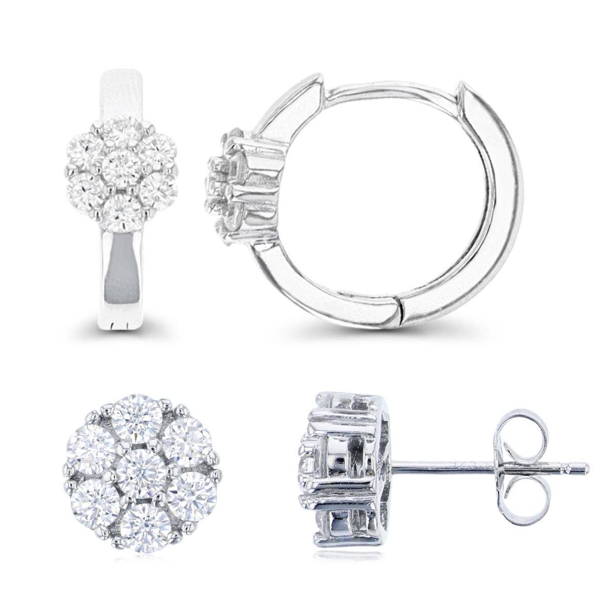 Sterling Silver Rhodium 13X6;9.50MM, 3MM White Cz Micropave Cluster Huggie & Stud Earring Set