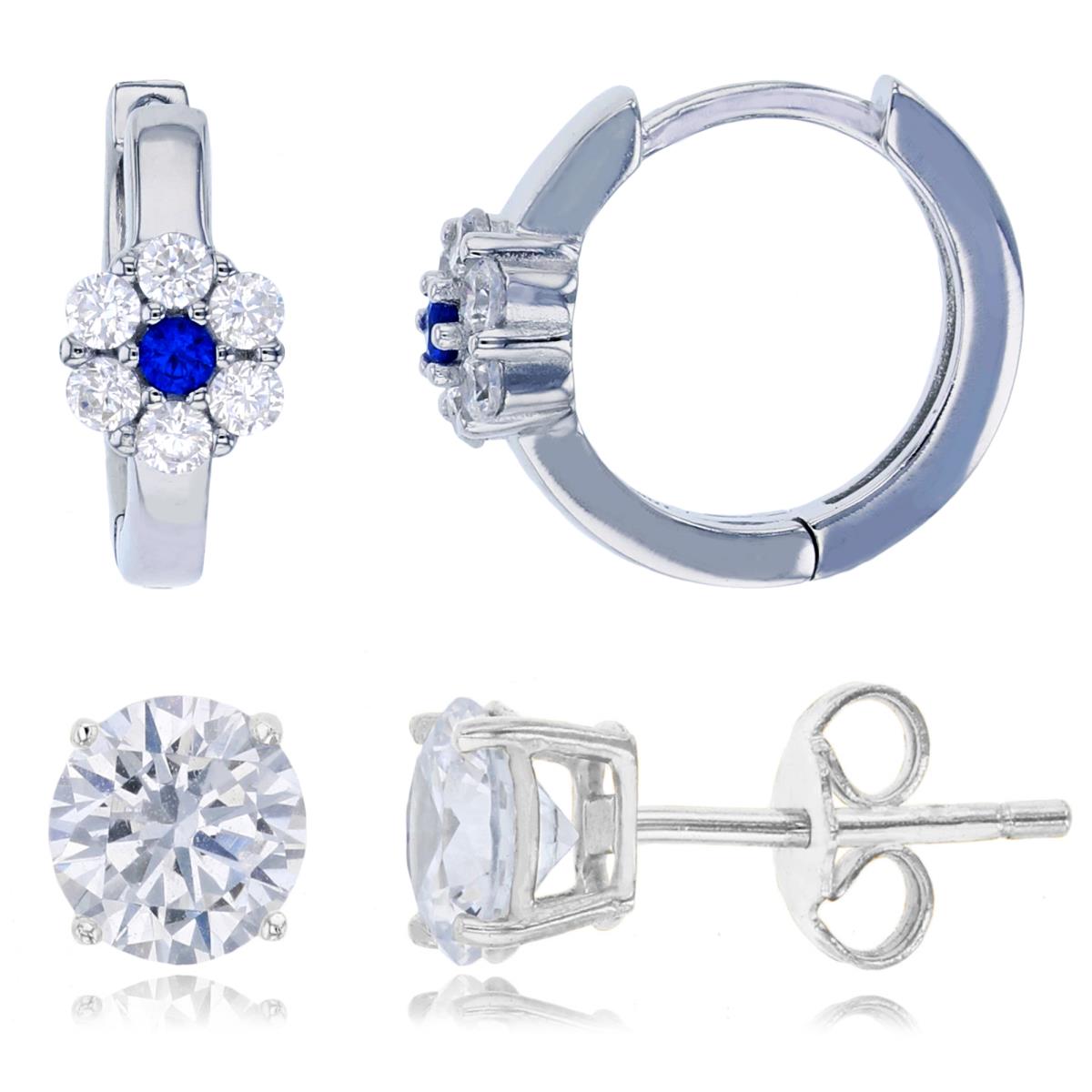 Sterling Silver Rhodium 5MM;13X6 Micropave Sapphire Huggie & Solitare White CZ Stud  Earring Set
