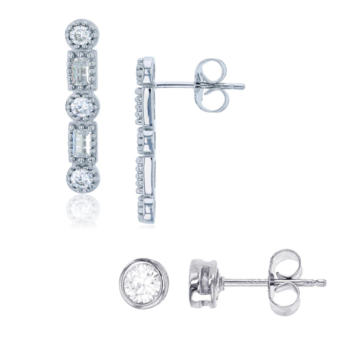 Sterling Silver Rhodium 5MM;13X6;3.00MM White CZ Drop & Stud Earring Set